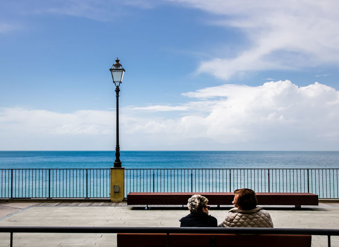 Rear view of mature couple sitting on bench against sea