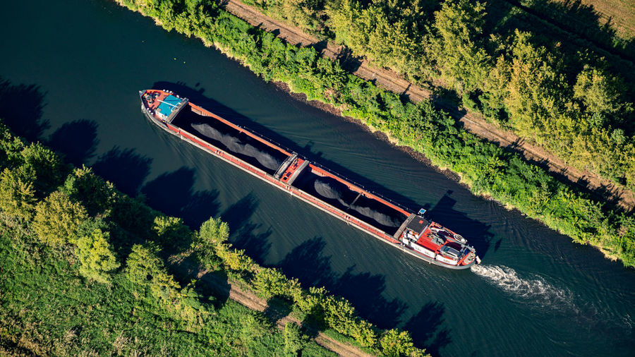 High angle view of barge on river