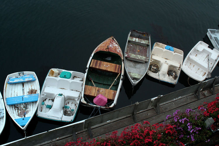 High angle view of boats moored in water