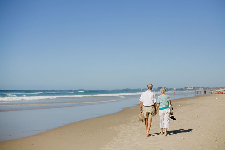 Rear view of man and woman walking at beach against clear sky