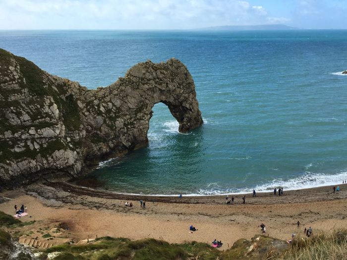High angle view of durdle door at beach