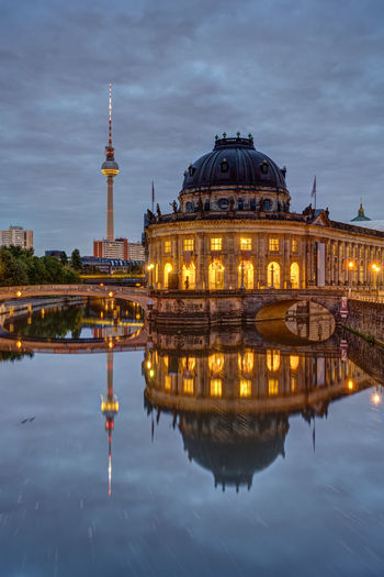 The museum island and the television tower in berlin on a cloudy morning