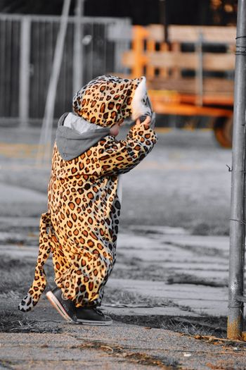 Side view of girl in leopard costume standing on street during halloween
