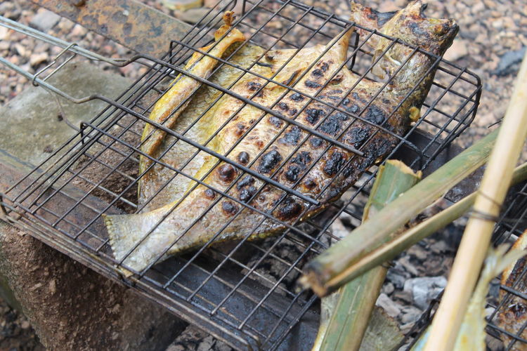 High angle view of fish roasting on barbeque grill