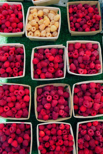 Directly above shot of raspberries for sale at market