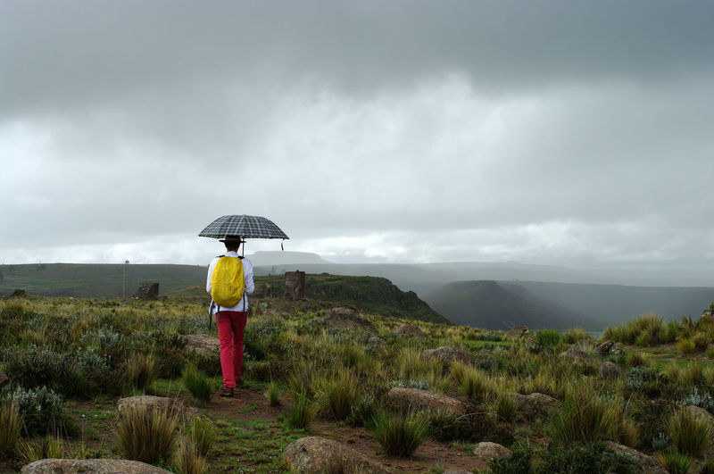 Rear view full length of man with umbrella walking on mountain against sky
