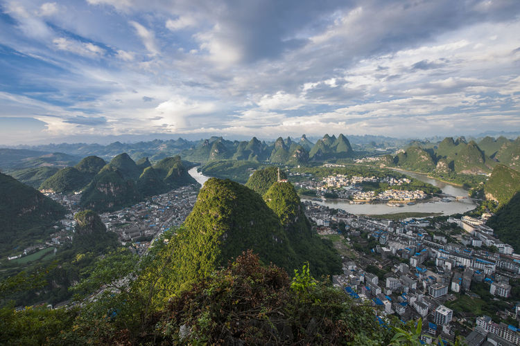Scenic view of limestone mountains above yangshuo