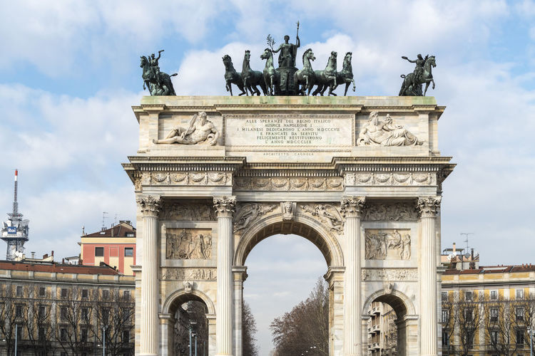 Triumphal arch with bas-reliefs & statues, built by luigi cagnola on the request of napoleon in milan