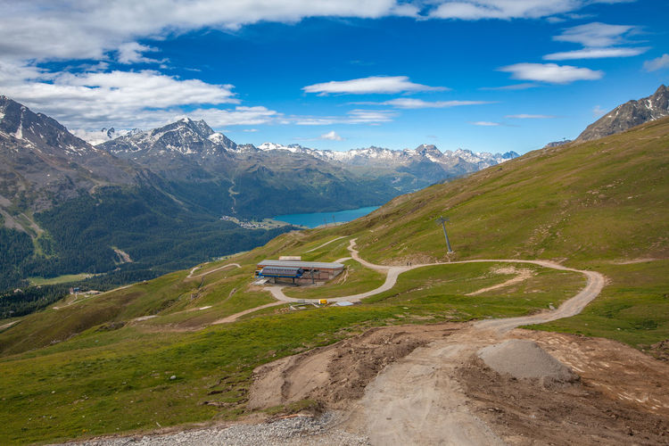 View to champfer and silvaplanersee lakes, mountains range,  piz nair area, st moritz, switzerland