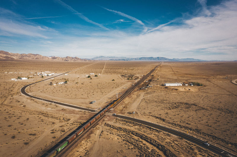 Highway 66 and the train from above, california