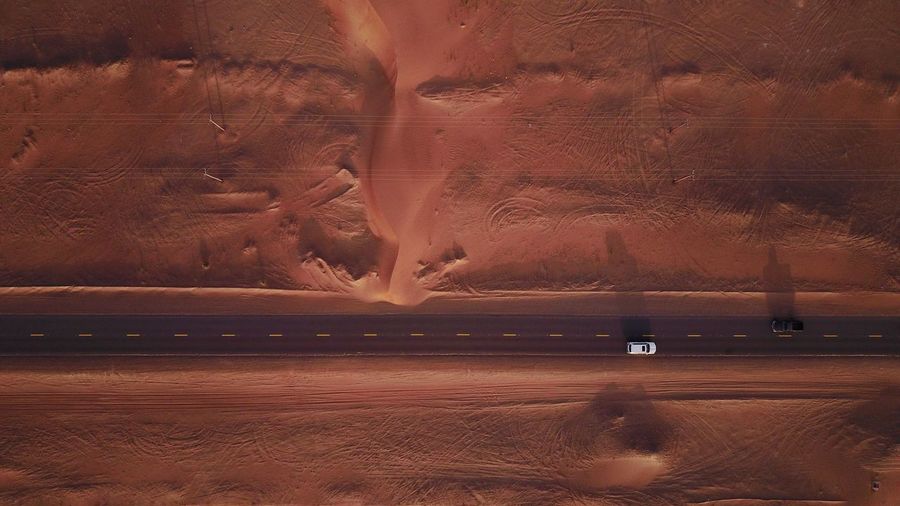 Aerial view of desert road