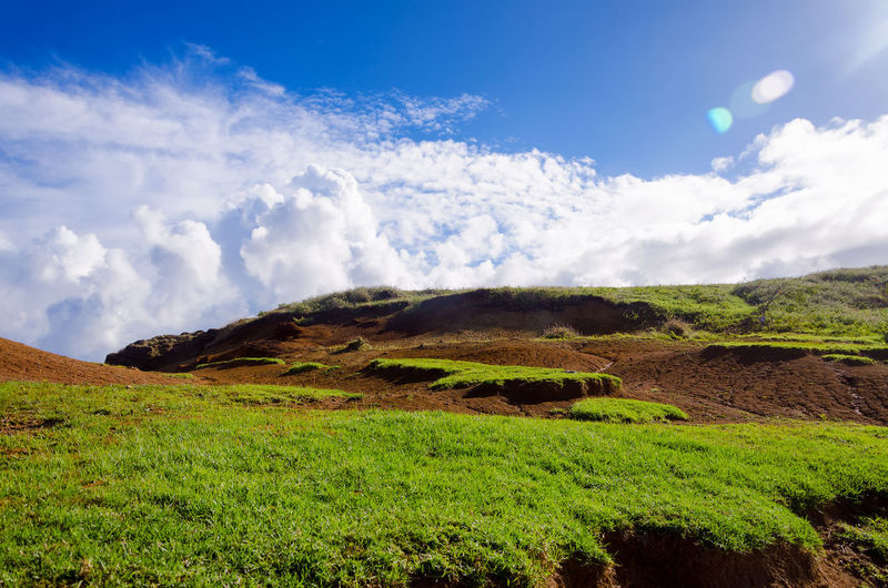 Scenic view of easter island against cloudy sky