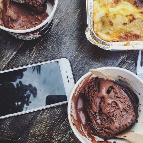High angle view of desserts on table