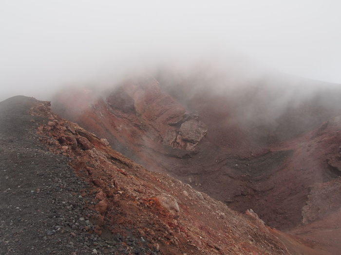 View of volcano in foggy weather