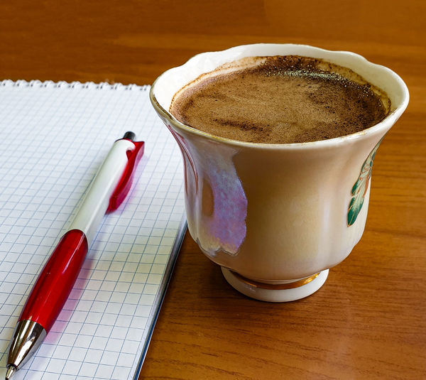 High angle view of coffee on table