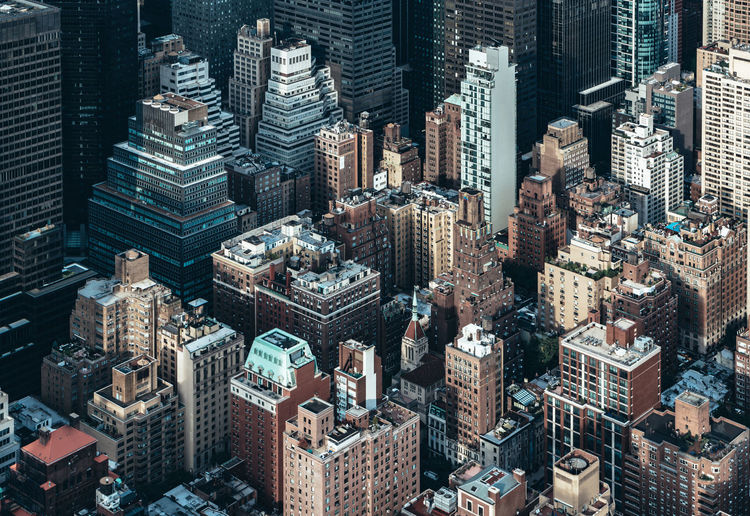 High angle view of modern buildings in new york city.