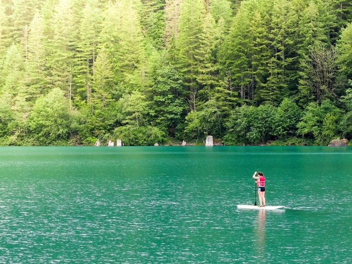 Full length of woman paddleboarding in rattlesnake lake against trees
