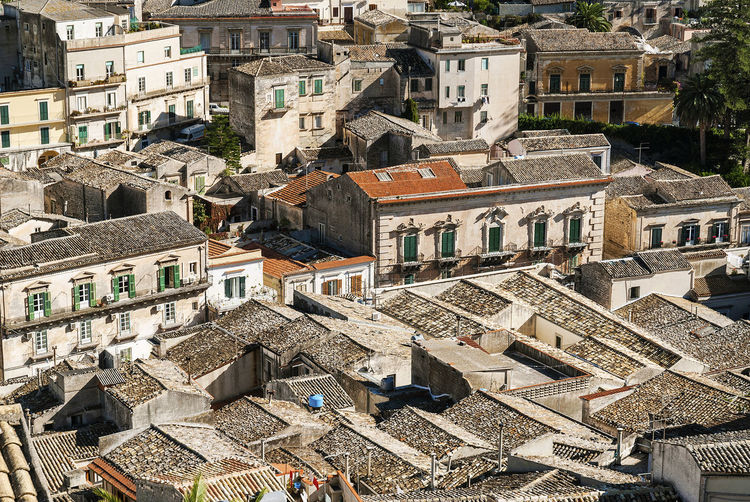 High angle view of buildings in city