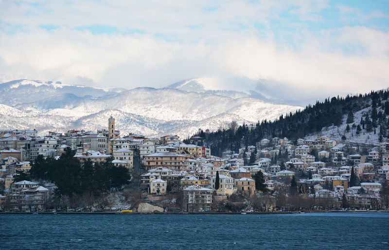 Kastoria in greece covered with snow and lake of orestiada