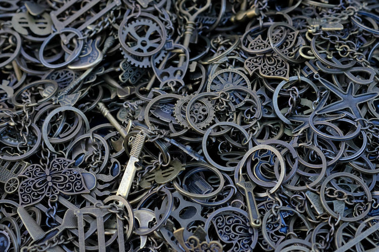 Full frame shot of metallic key rings
