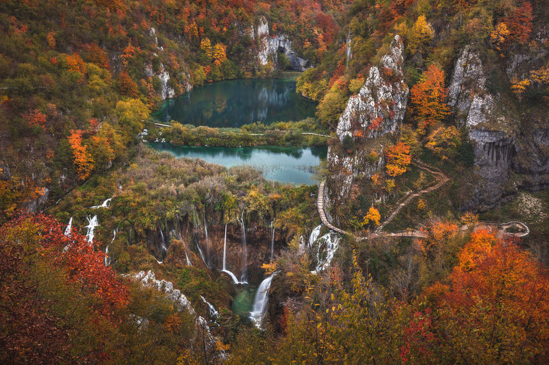 Colorful autumn season in plitvice lakes national park from croatia.
