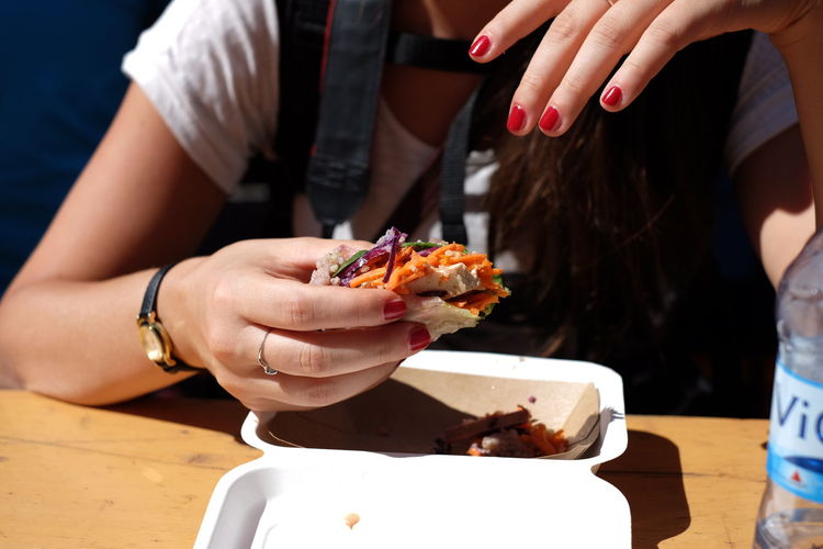 Cropped image of woman holding chicken wrap sandwich