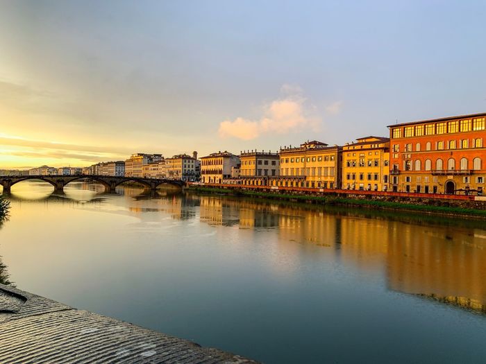 Bridge over river by buildings against sky during sunset