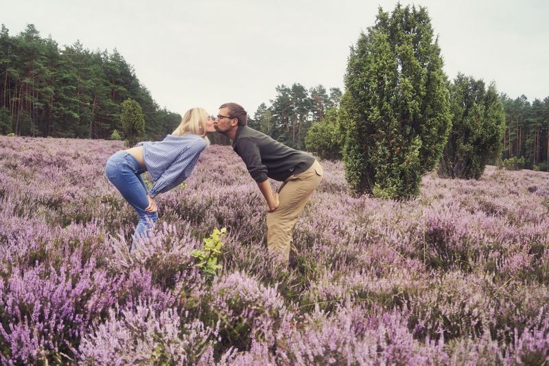 Woman kissing boyfriend at heathland, calluna vulgaris, lüneburger heide, germany