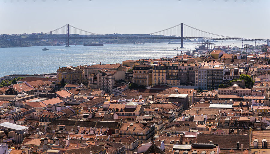High angle view of suspension bridge over river city of lisbon