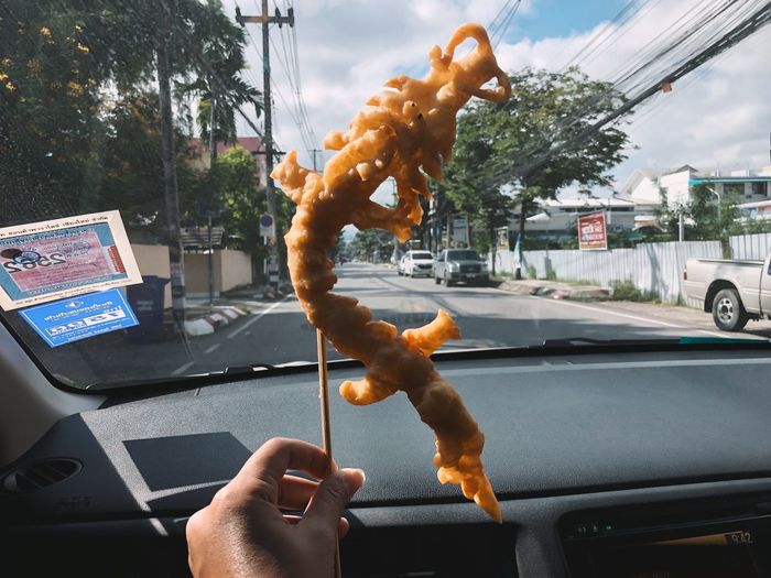 Cropped hand of person holding fried food in car