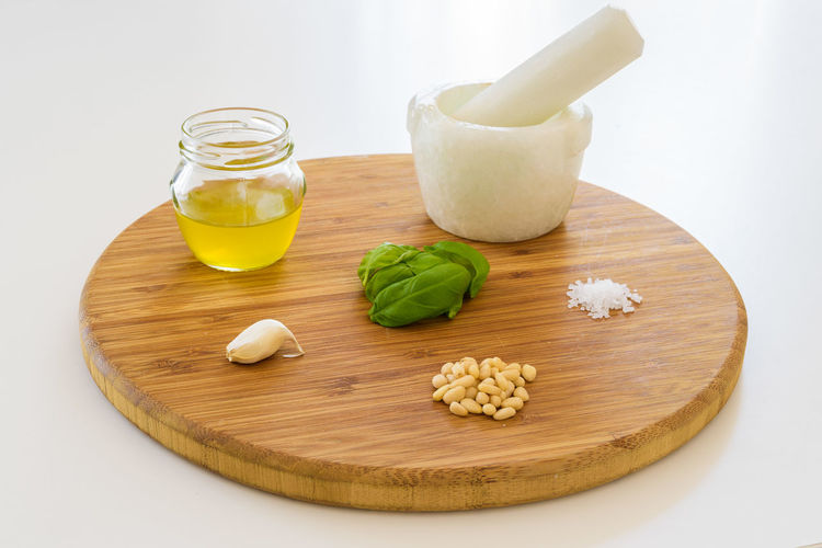 High angle view of ingredients on cutting board 