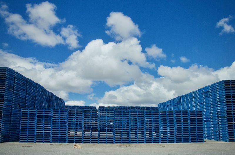 Blue pallets outdoors