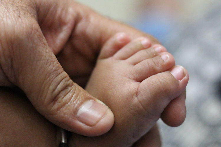 Close-up of hands holding baby leg