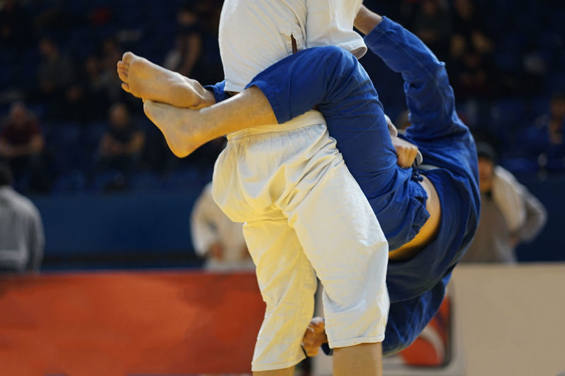 People playing judo in stadium