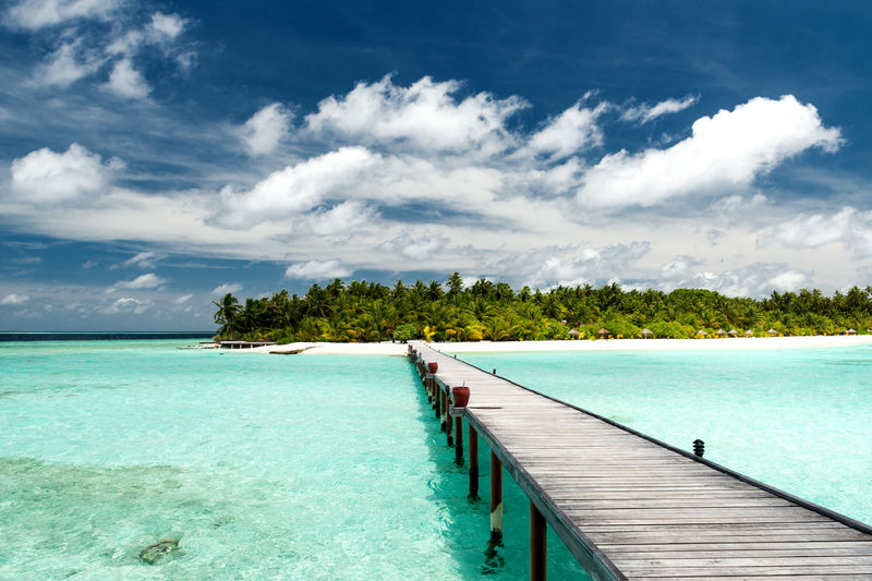 Jetty to a tropical paradise beach with white sand and coconut palm trees