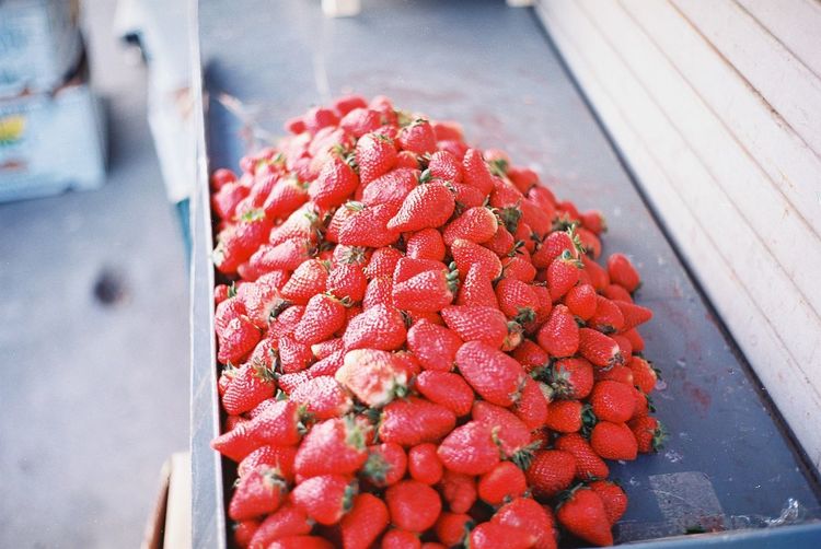 High angle view of strawberries at market