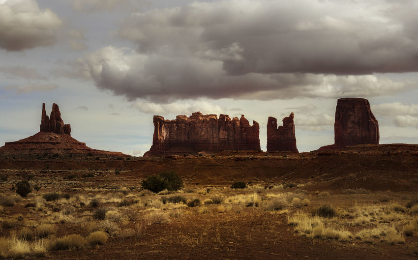 Panoramic view of rock formations on landscape against cloudy sky