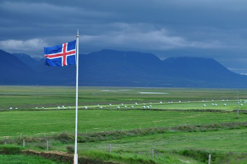 Icelandic flag against scenic green landscape and mountains against cloudy sky