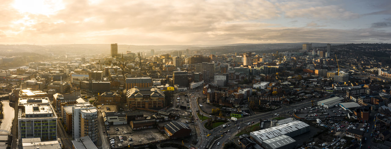 Aerial panoramic view above sheffield city during a cold frosty winter morning