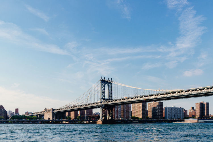Suspension bridge over river against sky in city
