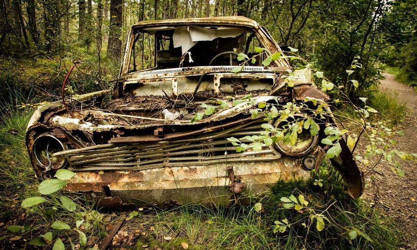 Abandoned car on field