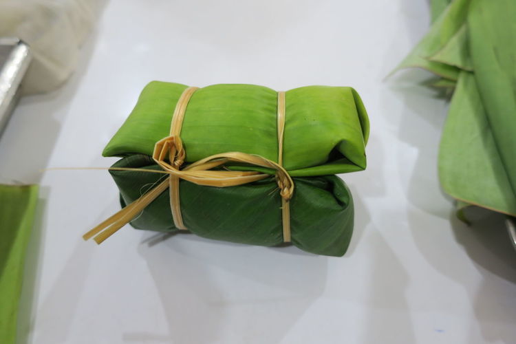 High angle view of banana leaves wrapped on table