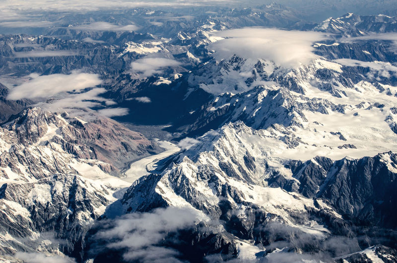 Aerial view of snow covered mountains
