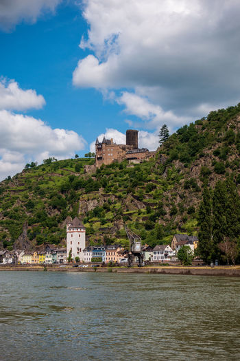 Panoramic view of loreley rocks and katz castle on the rhine in germany.