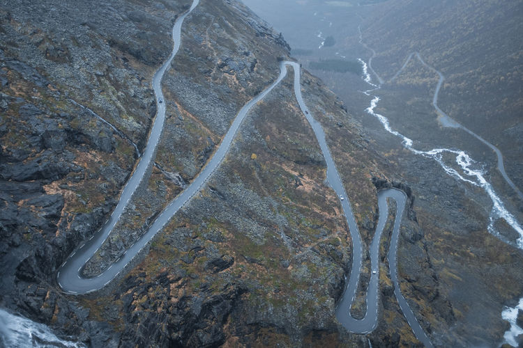 Norwegian serpentine mountain road trollstigen aerial view. panoramic.