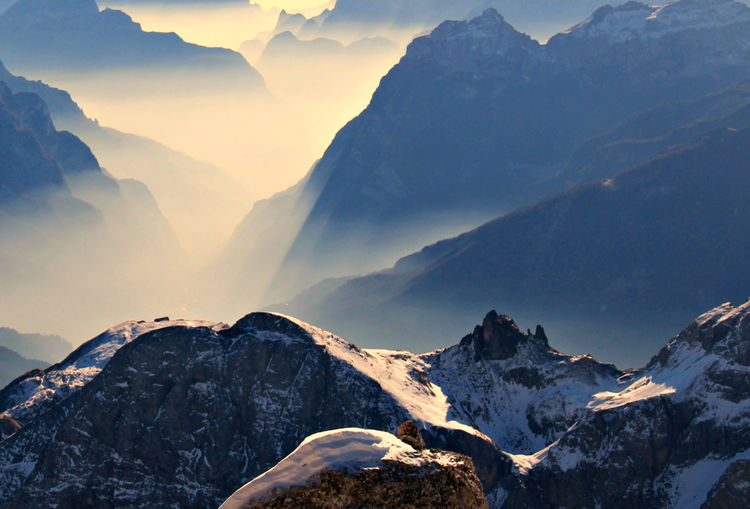 Scenic view of snowcapped mountains against sky during winter