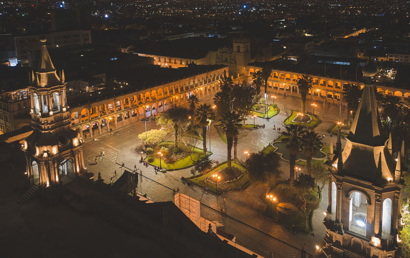 Aerial drone view of arequipa main square and cathedral church at night. arequipa, peru.
