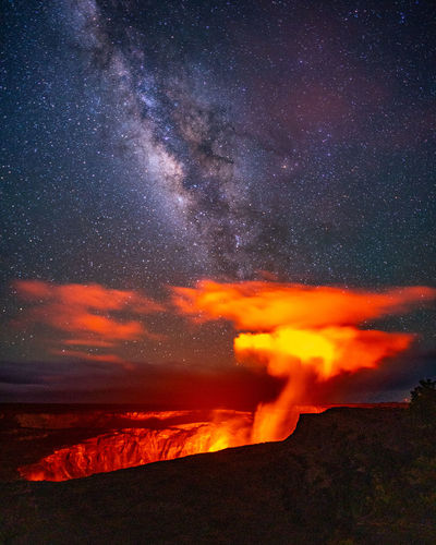 The milky way over the halemaumau crater in the kilauea caldera.