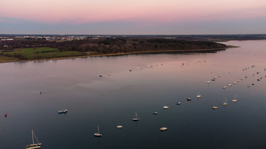 View of the river orwell from a drone at sunset in suffolk, uk