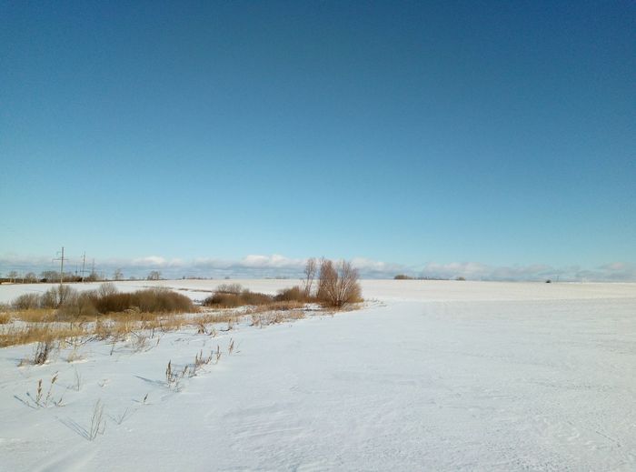 Scenic view of snowcapped field against clear blue sky